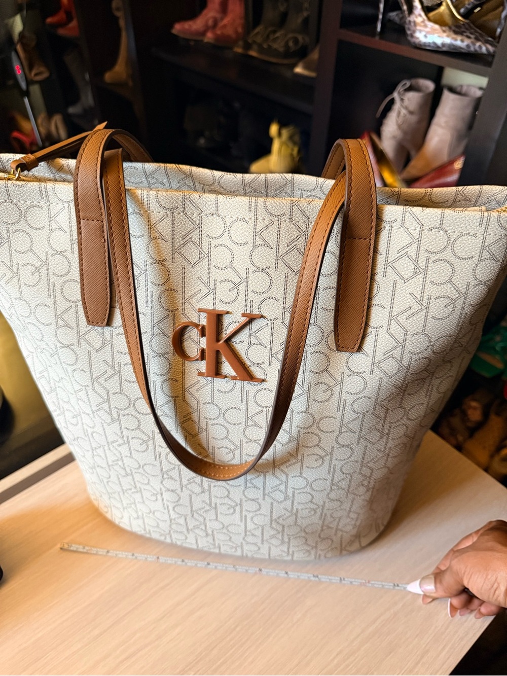 Calvin Klein Cream Monogram Tote with Brown Trim